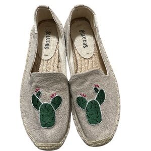 Soludos Beige Espadrille Flats with Green Cactus Embroidery